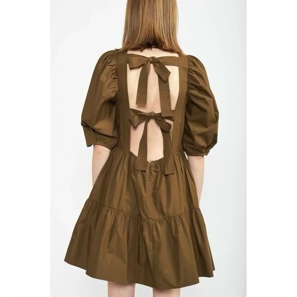 En Saison Gilda Tie-Back Poplin Mini Dress Puff Sleeve Square Neck Size Small S - Picture 2 of 7